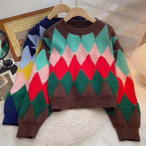 绵羊绒面料毛衣菱格撞色减龄时尚宽松百搭短款上衣