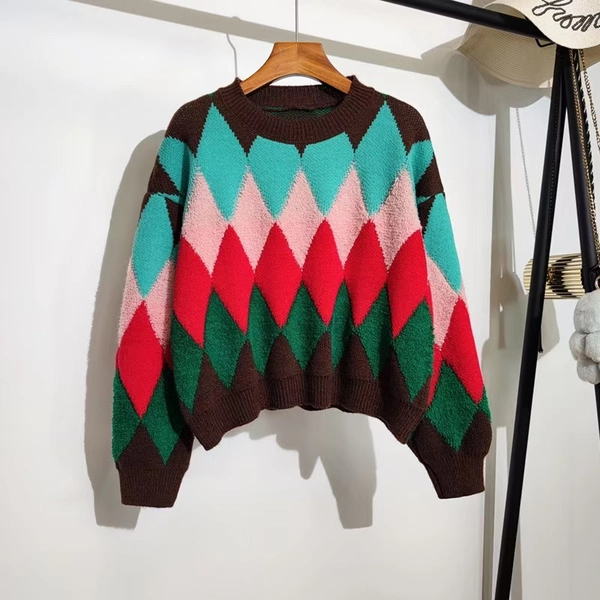 绵羊绒面料毛衣菱格撞色减龄时尚宽松百搭短款上衣