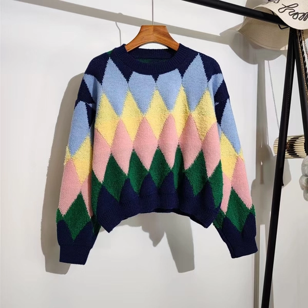 绵羊绒面料毛衣菱格撞色减龄时尚宽松百搭短款上衣