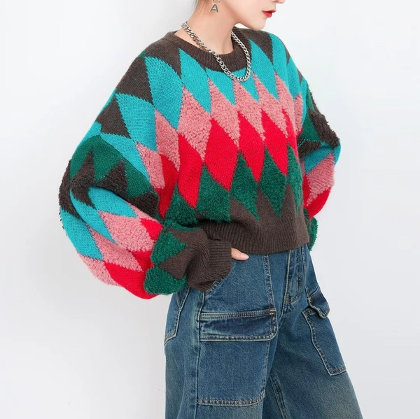 绵羊绒面料毛衣菱格撞色减龄时尚宽松百搭短款上衣