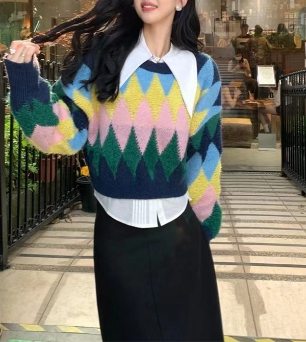 绵羊绒面料毛衣菱格撞色减龄时尚宽松百搭短款上衣