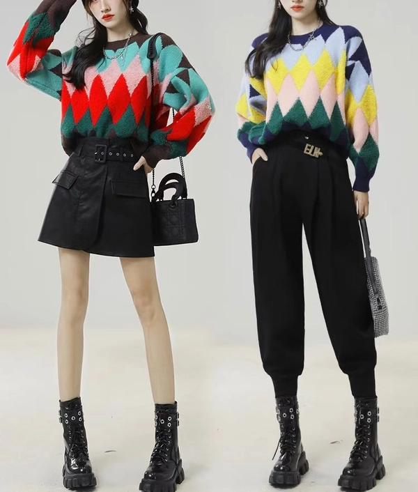 绵羊绒面料毛衣菱格撞色减龄时尚宽松百搭短款上衣