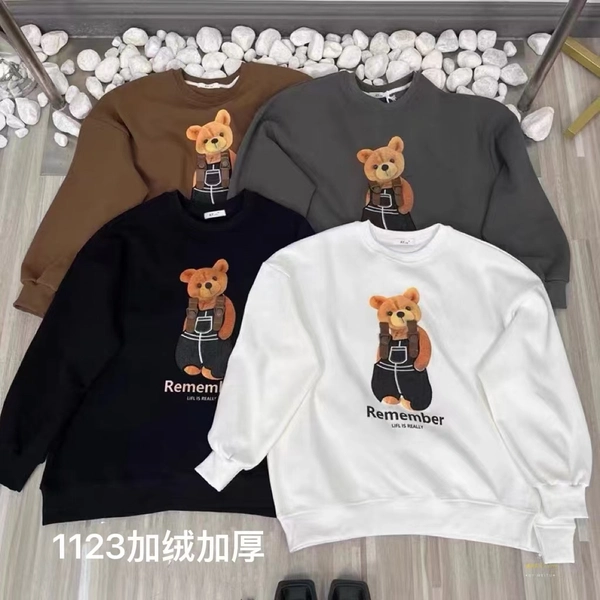 婴儿绒加厚冬季卫衣时尚小熊图案印花加大版中长款百搭卫衣外套