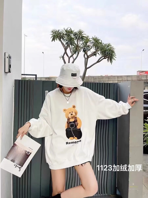 婴儿绒加厚冬季卫衣时尚小熊图案印花加大版中长款百搭卫衣外套