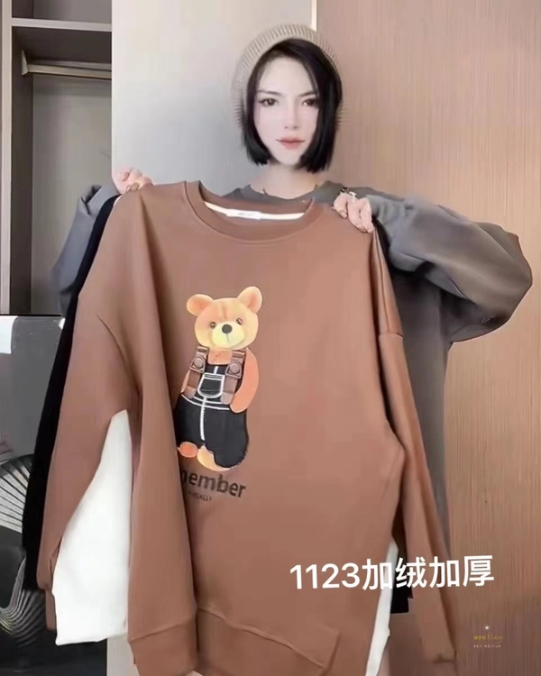 婴儿绒加厚冬季卫衣时尚小熊图案印花加大版中长款百搭卫衣外套