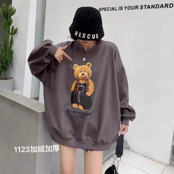 婴儿绒加厚冬季卫衣时尚小熊图案印花加大版中长款百搭卫衣外套