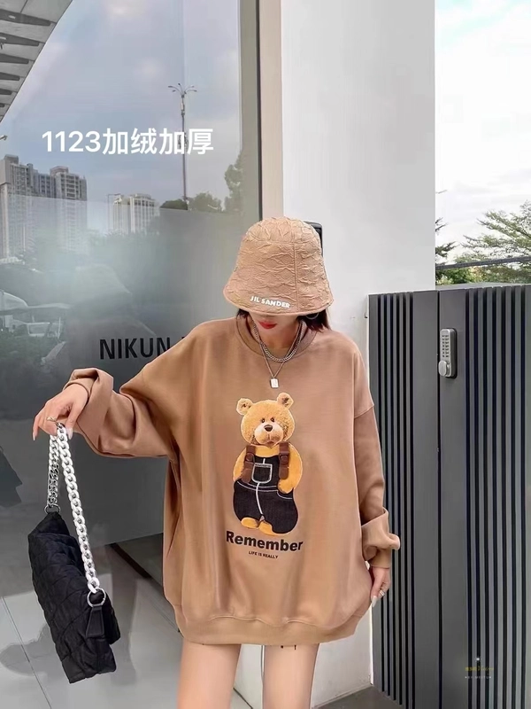 婴儿绒加厚冬季卫衣时尚小熊图案印花加大版中长款百搭卫衣外套