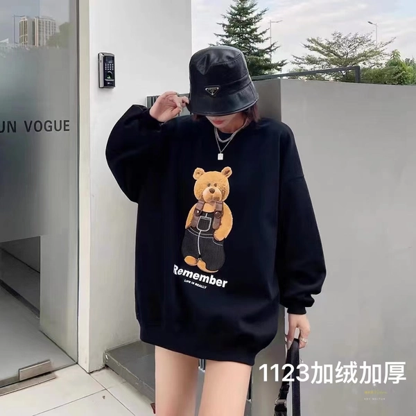 婴儿绒加厚冬季卫衣时尚小熊图案印花加大版中长款百搭卫衣外套