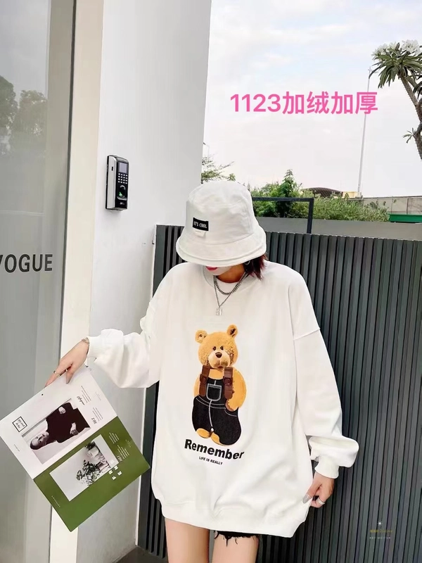 婴儿绒加厚冬季卫衣时尚小熊图案印花加大版中长款百搭卫衣外套