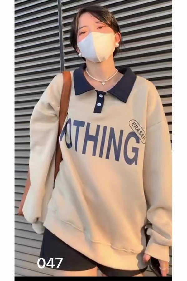 加绒加厚华棉复合牛奶丝面料卫衣厚面料秋冬季POLO领时尚撞色字母印花大版中长款百搭卫衣外套