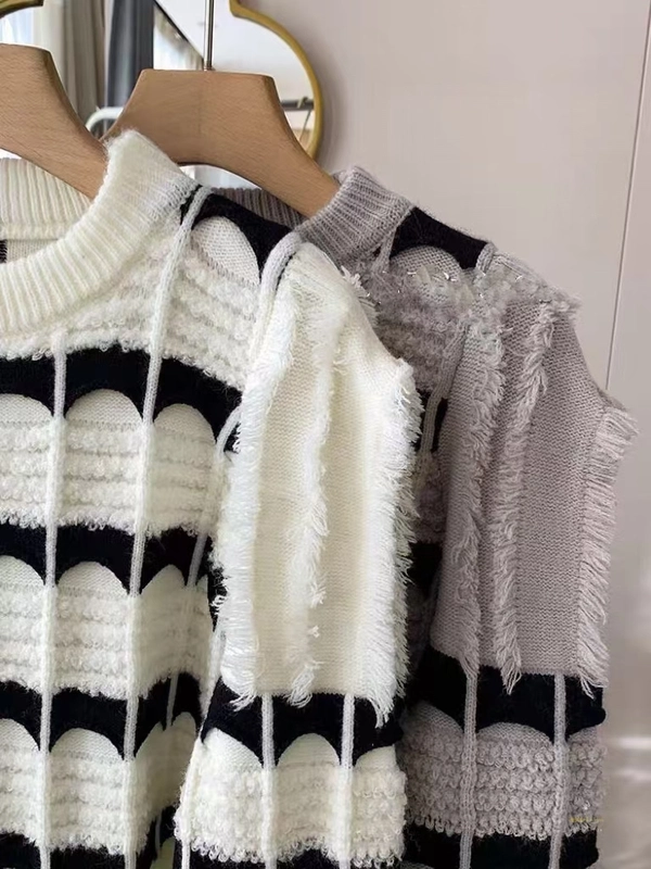 绵羊绒韩版不规则针织上衣流苏条纹宽松别致短款百搭针织衫