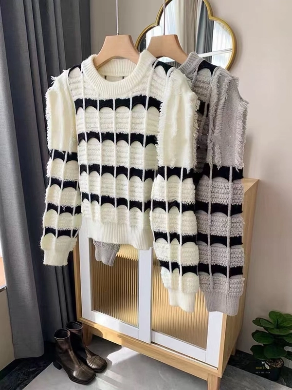 绵羊绒韩版不规则针织上衣流苏条纹宽松别致短款百搭针织衫