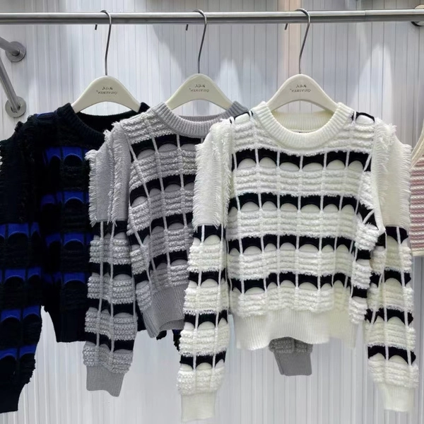 绵羊绒韩版不规则针织上衣流苏条纹宽松别致短款百搭针织衫