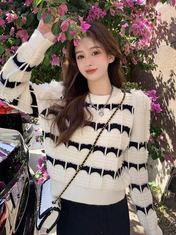 绵羊绒韩版不规则针织上衣流苏条纹宽松别致短款百搭针织衫