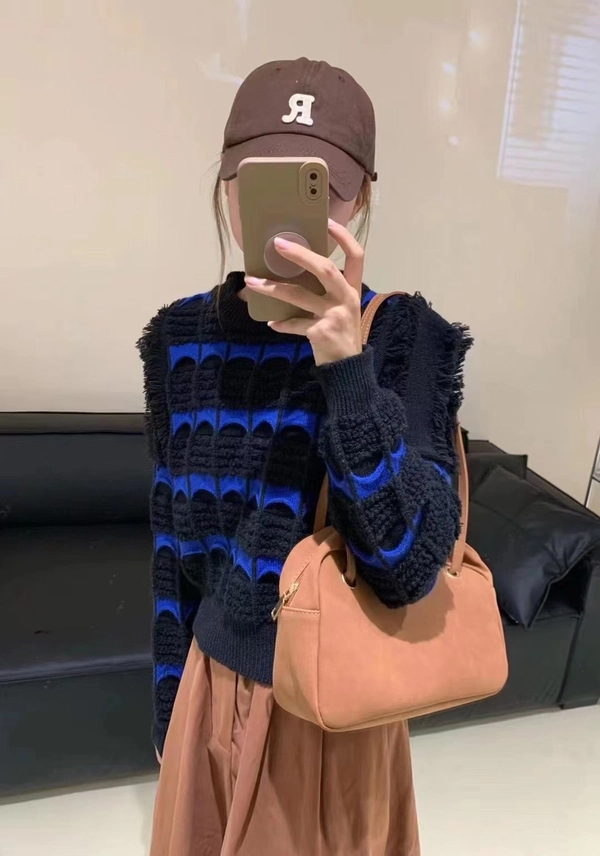 绵羊绒韩版不规则针织上衣流苏条纹宽松别致短款百搭针织衫