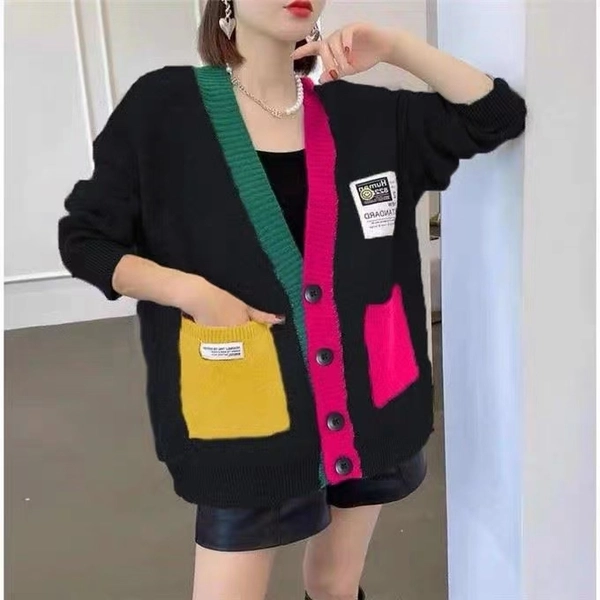 秋冬季V领宽松大版毛衣小众设计开衫慵懒风格百搭毛衣外套