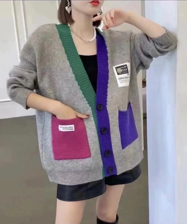 秋冬季V领宽松大版毛衣小众设计开衫慵懒风格百搭毛衣外套