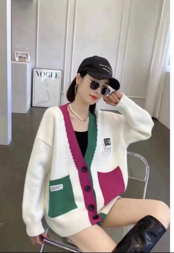 秋冬季V领宽松大版毛衣小众设计开衫慵懒风格百搭毛衣外套