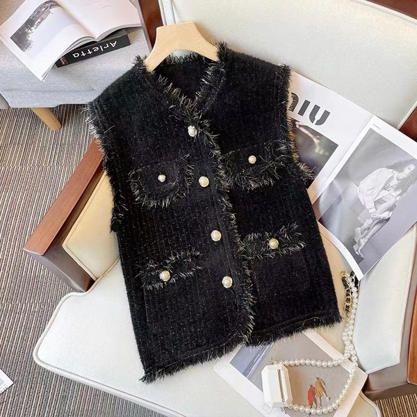 流苏仿水貂绒洋气马甲秋冬季新款别致显瘦百搭马夹背心