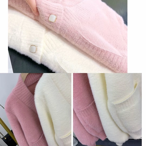 仿貂绒V领毛衣开衫外套针织百搭纯色薄款针织空调衫女装外套