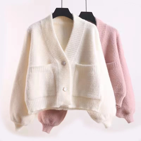 仿貂绒V领毛衣开衫外套针织百搭纯色薄款针织空调衫女装外套