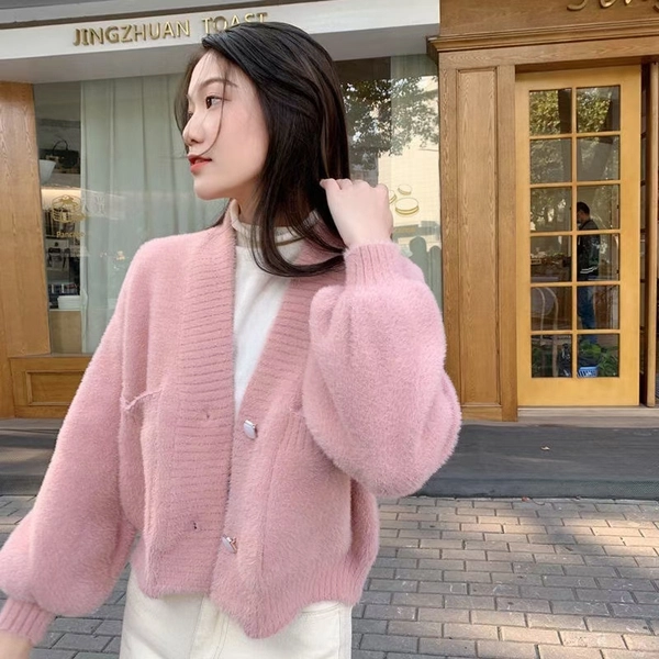 仿貂绒V领毛衣开衫外套针织百搭纯色薄款针织空调衫女装外套