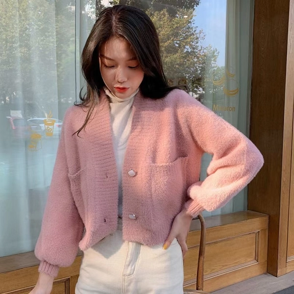 仿貂绒V领毛衣开衫外套针织百搭纯色薄款针织空调衫女装外套