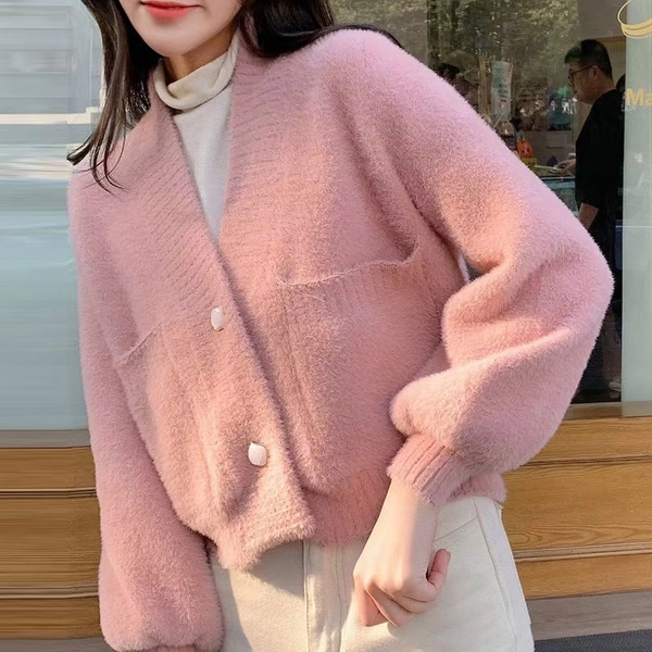 仿貂绒V领毛衣开衫外套针织百搭纯色薄款针织空调衫女装外套