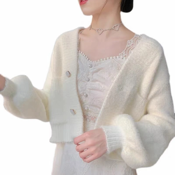 仿貂绒V领毛衣开衫外套针织百搭纯色薄款针织空调衫女装外套