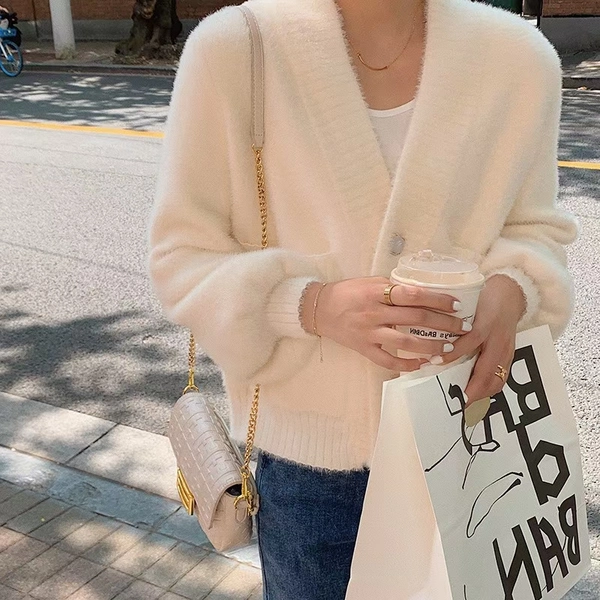 仿貂绒V领毛衣开衫外套针织百搭纯色薄款针织空调衫女装外套