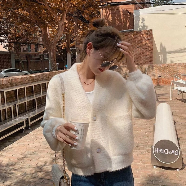 仿貂绒V领毛衣开衫外套针织百搭纯色薄款针织空调衫女装外套