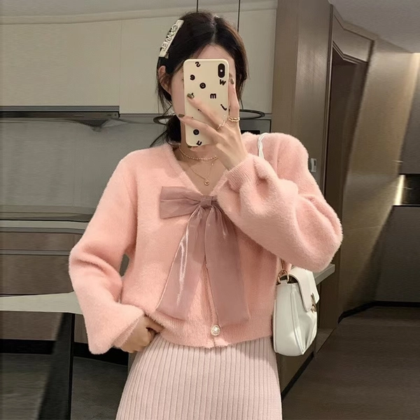 V领宽松慵懒风毛衣外套仿水貂绒保暖毛茸茸韩系短款上衣外套