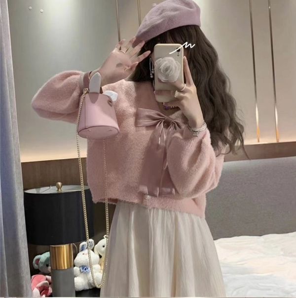 V领宽松慵懒风毛衣外套仿水貂绒保暖毛茸茸韩系短款上衣外套