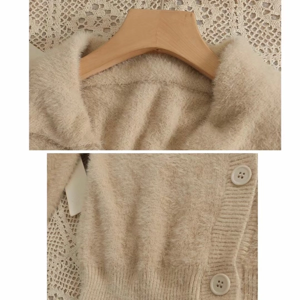 仿水貂绒V领宽松翻领毛衣保暖韩系短款开衫上衣外套