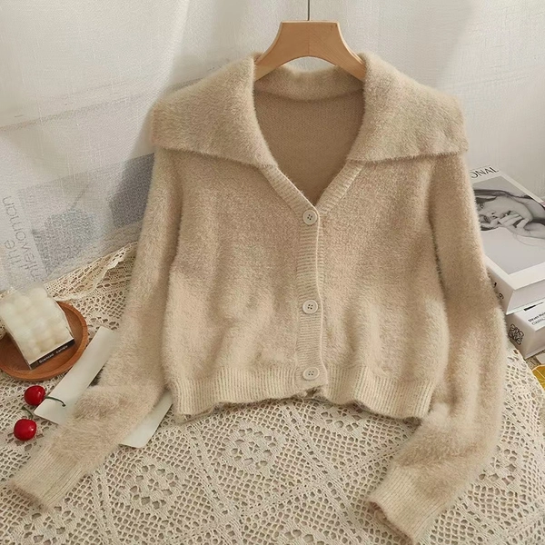 仿水貂绒V领宽松翻领毛衣保暖韩系短款开衫上衣外套