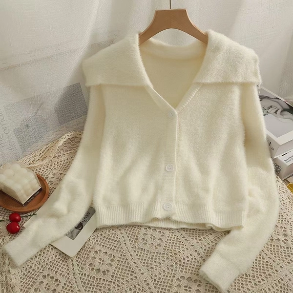 仿水貂绒V领宽松翻领毛衣保暖韩系短款开衫上衣外套