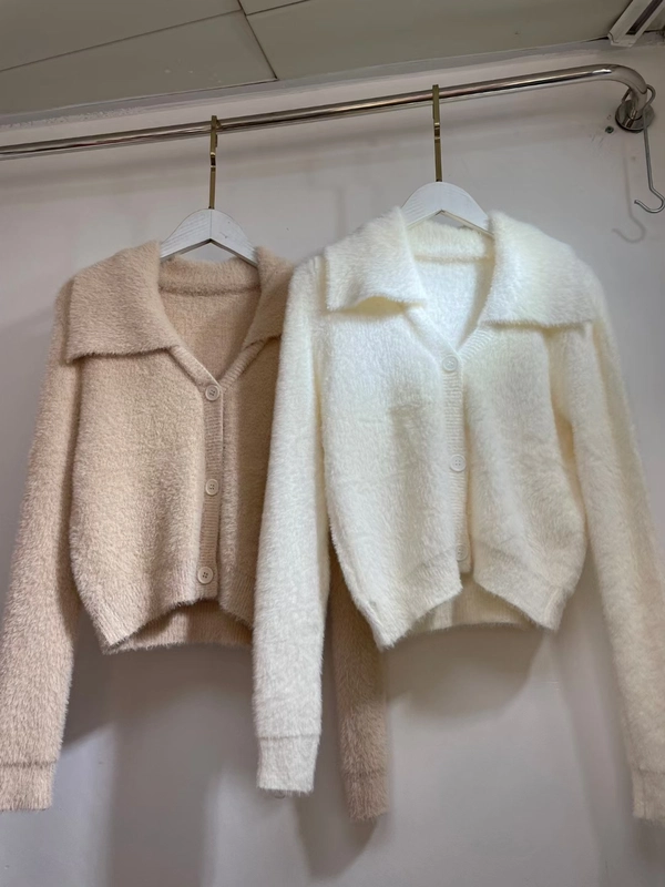 仿水貂绒V领宽松翻领毛衣保暖韩系短款开衫上衣外套