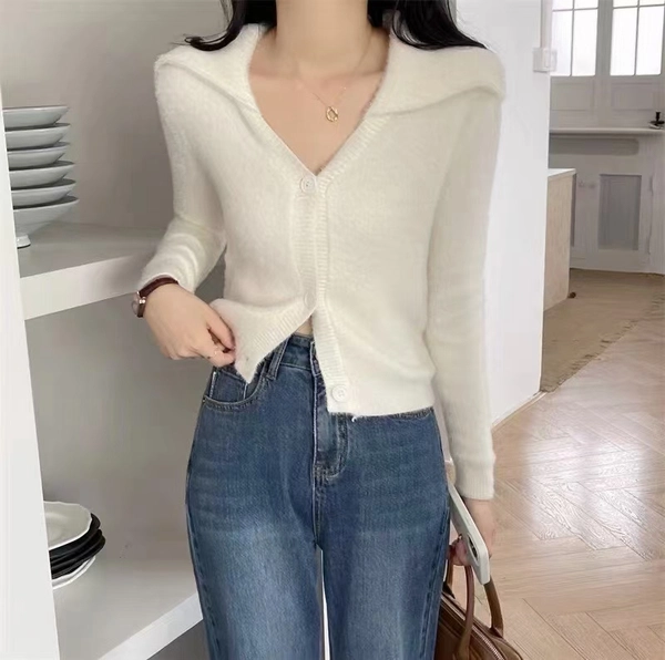 仿水貂绒V领宽松翻领毛衣保暖韩系短款开衫上衣外套