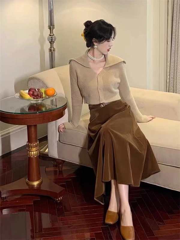 仿水貂绒V领宽松翻领毛衣保暖韩系短款开衫上衣外套