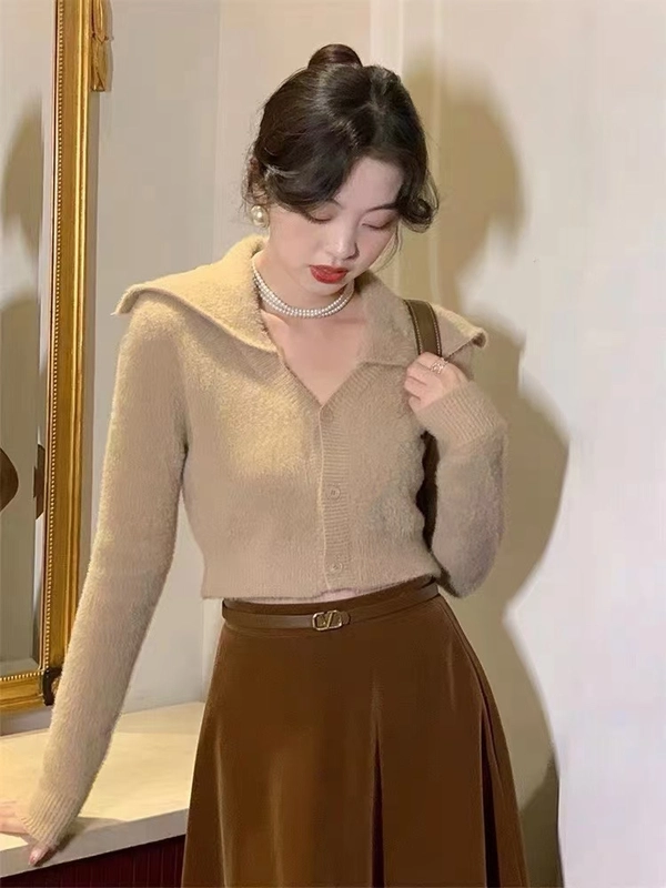 仿水貂绒V领宽松翻领毛衣保暖韩系短款开衫上衣外套