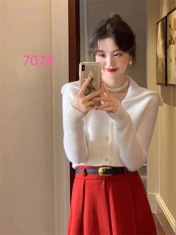 仿水貂绒V领宽松翻领毛衣保暖韩系短款开衫上衣外套