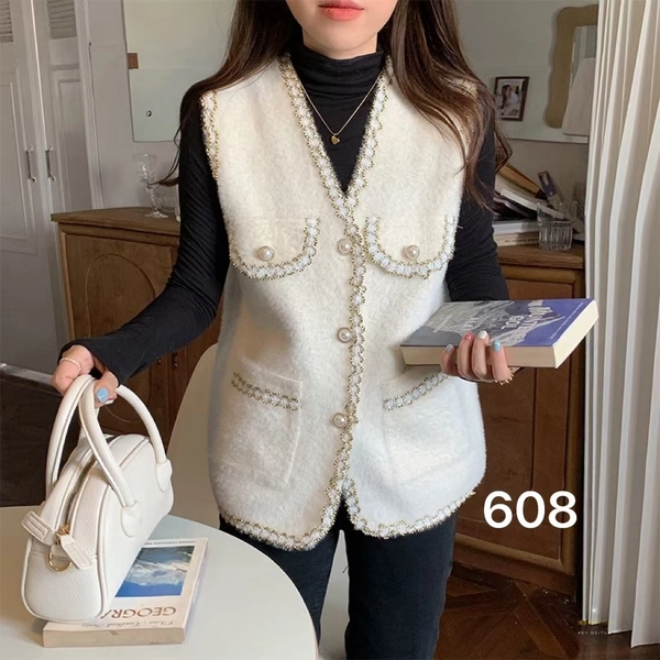 仿水貂绒小香风马甲针织开衫春秋背心马夹无袖短款气质外套