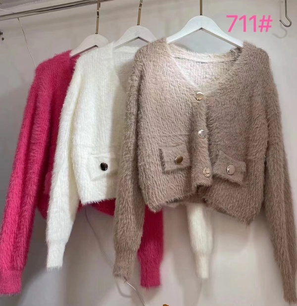 仿水貂绒长毛V领宽松毛衣小开衫女加厚保暖毛茸茸短款上衣外套