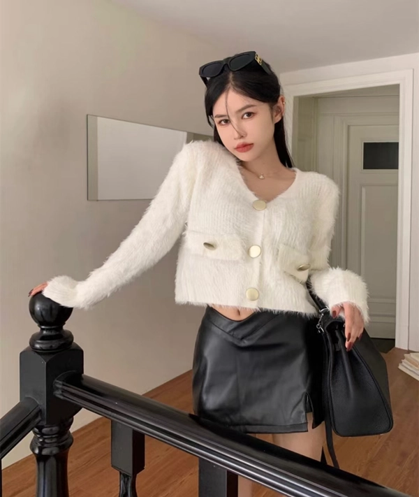 仿水貂绒长毛V领宽松毛衣小开衫女加厚保暖毛茸茸短款上衣外套