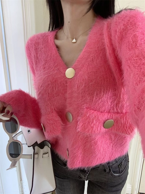 仿水貂绒长毛V领宽松毛衣小开衫女加厚保暖毛茸茸短款上衣外套