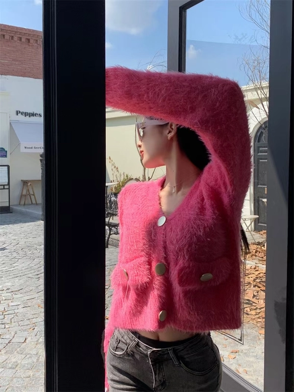仿水貂绒长毛V领宽松毛衣小开衫女加厚保暖毛茸茸短款上衣外套