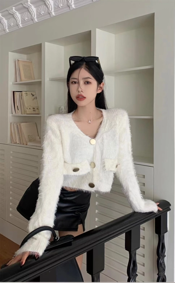 仿水貂绒长毛V领宽松毛衣小开衫女加厚保暖毛茸茸短款上衣外套