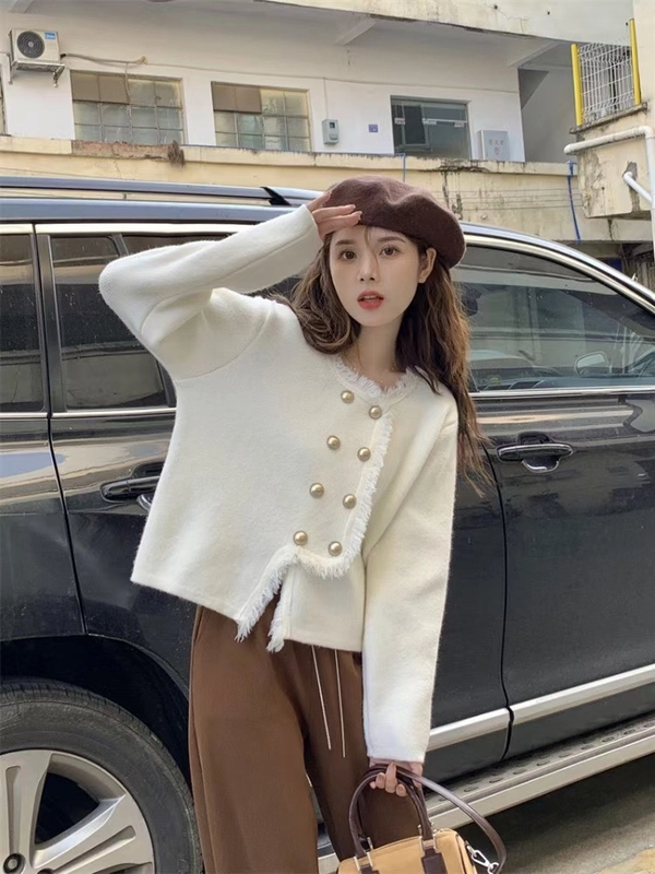 绵羊绒双排扣毛衣宽松柔软针织流苏小香风减龄韩系开衫上衣外套