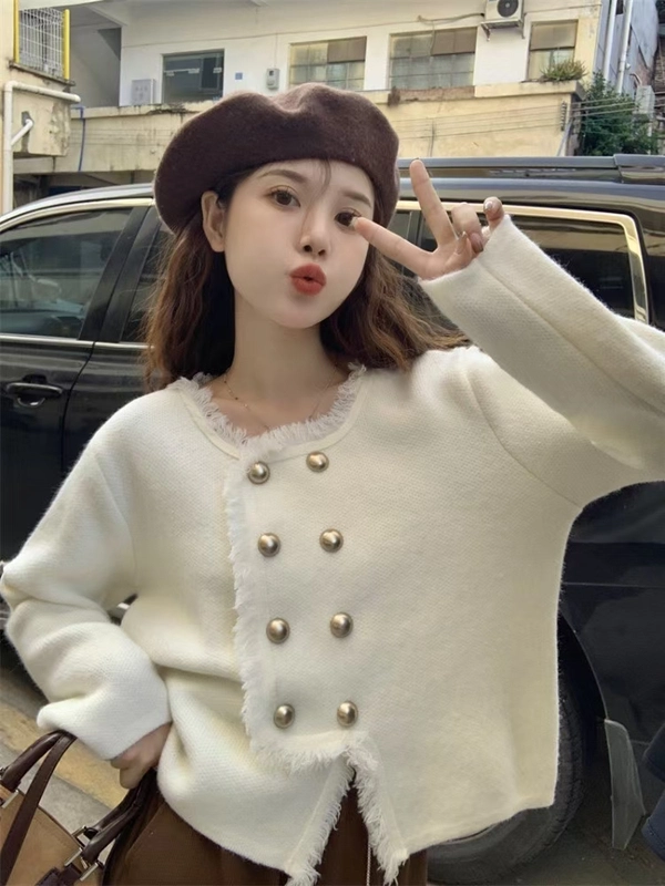 绵羊绒双排扣毛衣宽松柔软针织流苏小香风减龄韩系开衫上衣外套