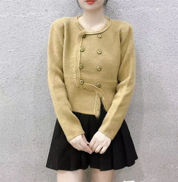 绵羊绒双排扣毛衣宽松柔软针织流苏小香风减龄韩系开衫上衣外套